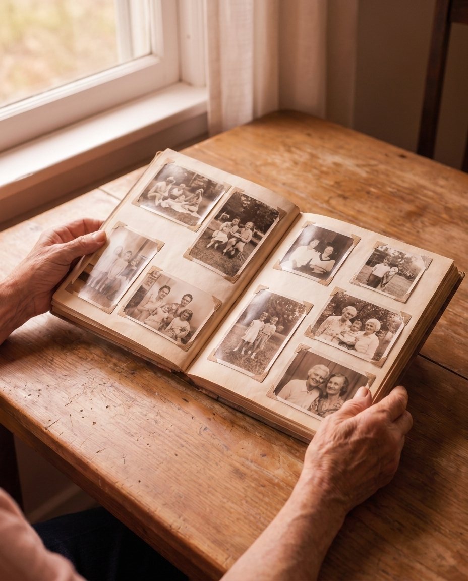Hands holding an open family photo album