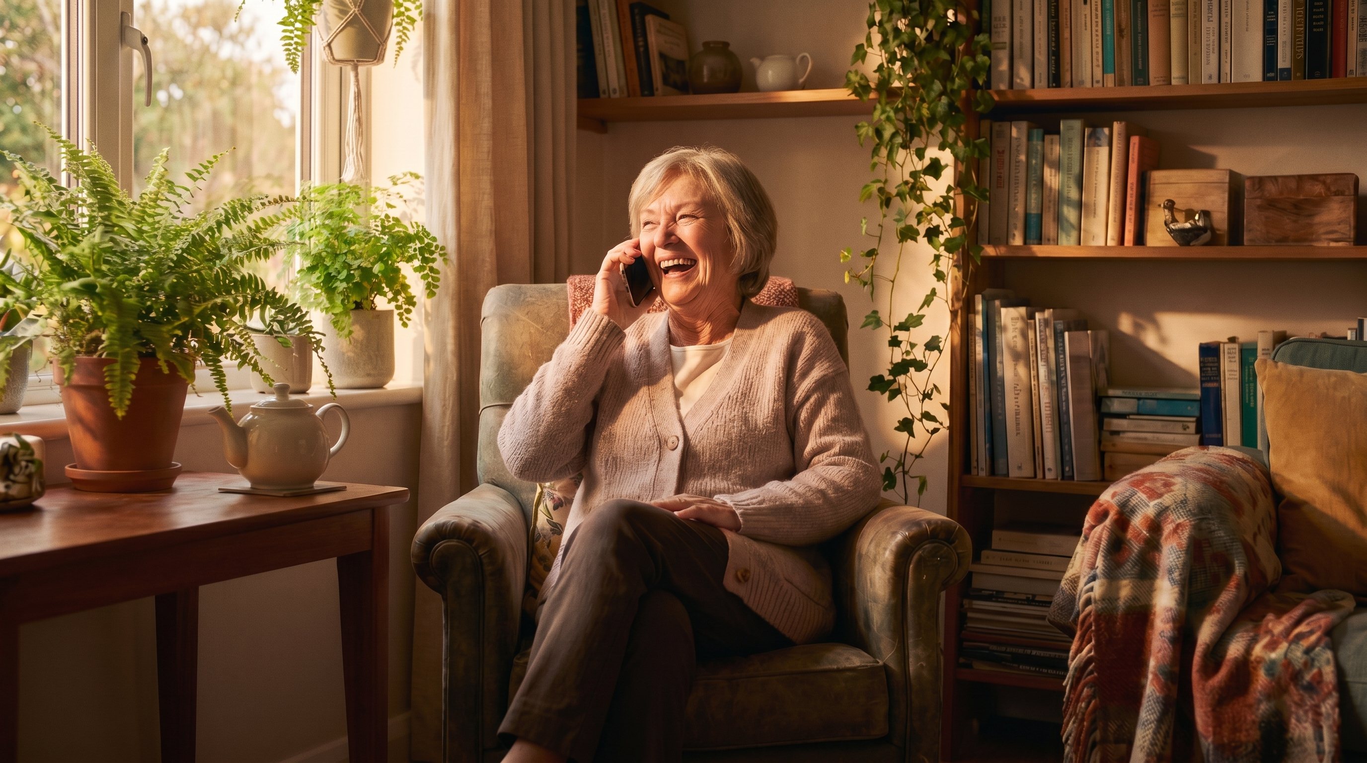 A mother laughing on the phone in her favorite armchair