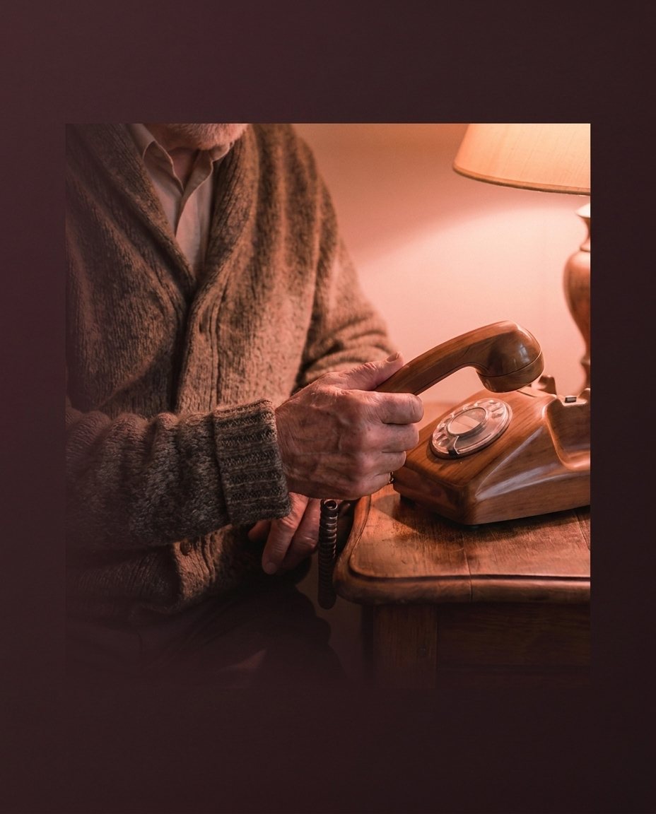 A father's hands holding a telephone handset in warm lamplight