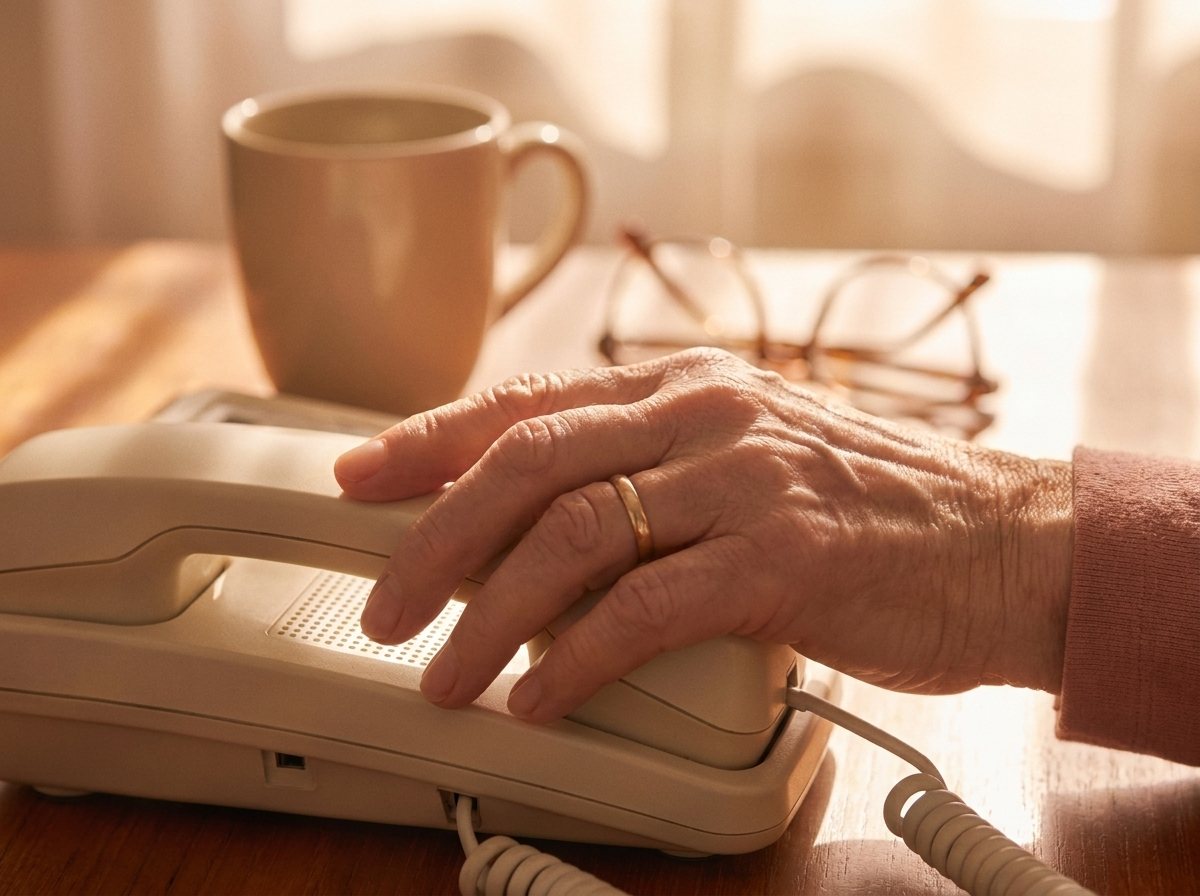 An older hand resting beside a telephone in morning light