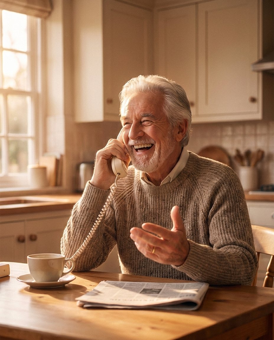 A father laughing on the phone at his sunlit kitchen table