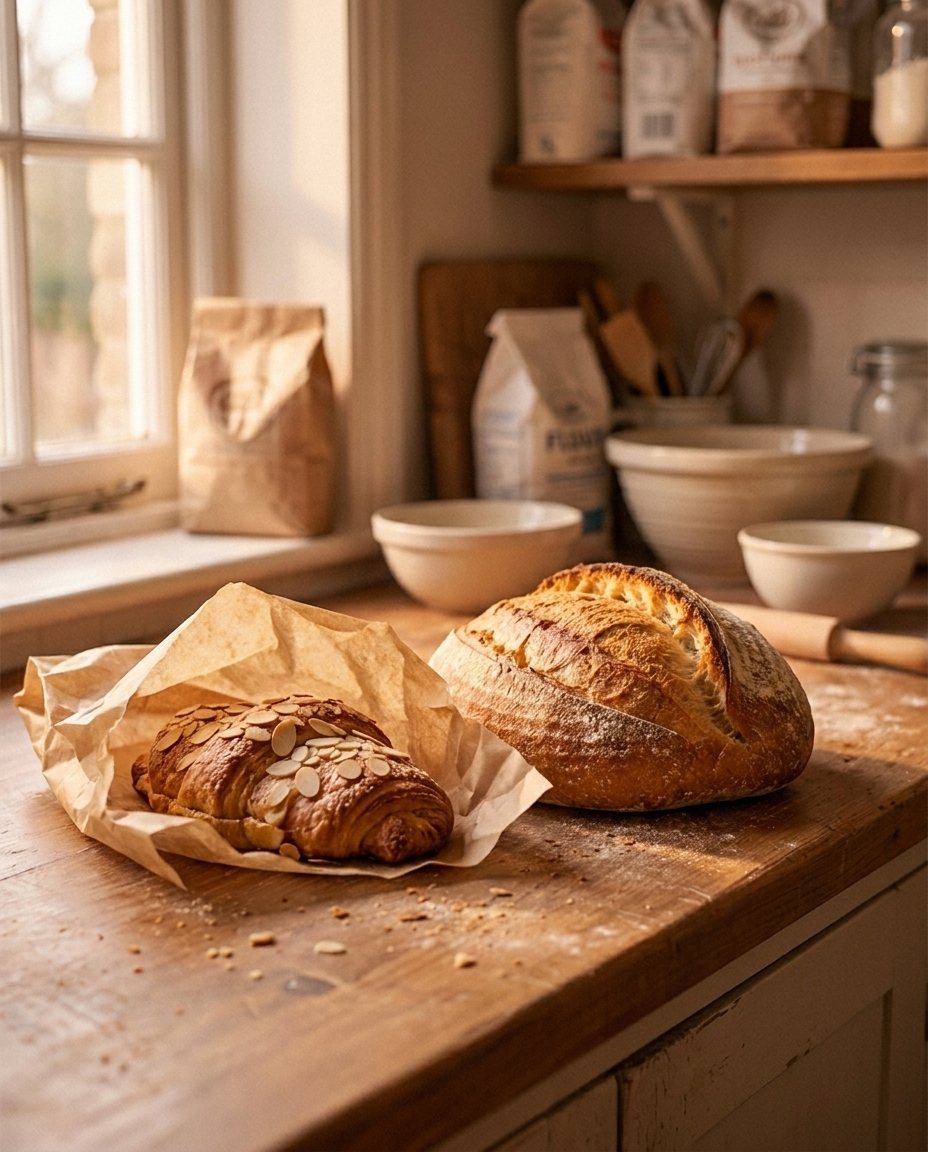 Bread and an almond pastry in bakery paper